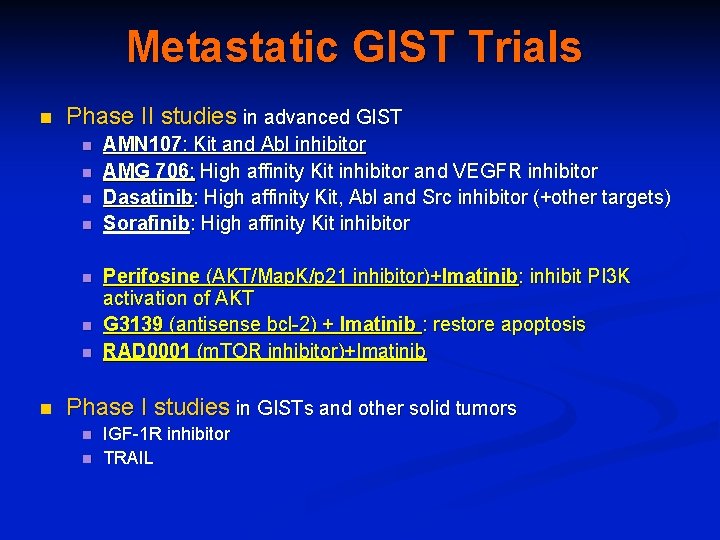 Metastatic GIST Trials n Phase II studies in advanced GIST n n n n