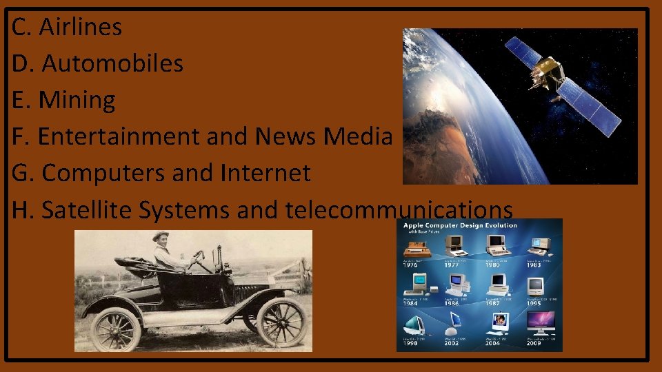 C. Airlines D. Automobiles E. Mining F. Entertainment and News Media G. Computers and C. Airlines D. Automobiles E. Mining F. Entertainment and News Media G. Computers and
