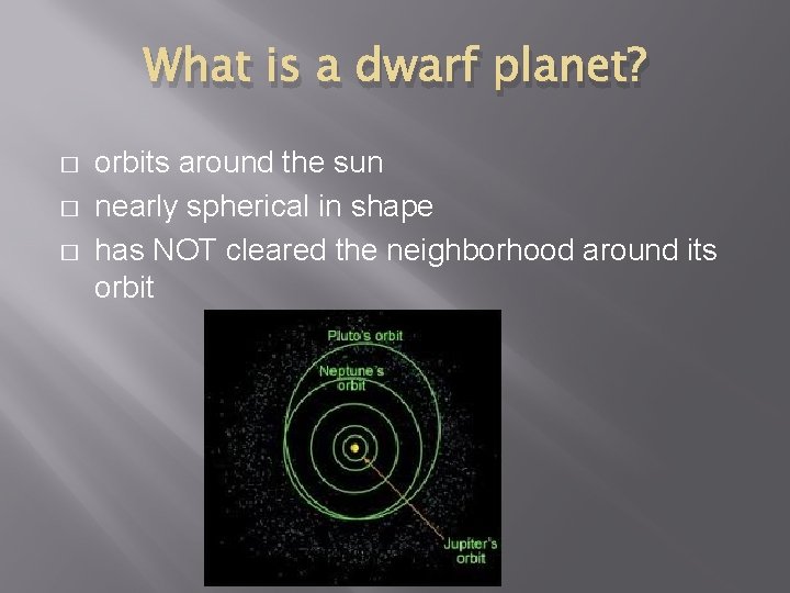 What is a dwarf planet? � � � orbits around the sun nearly spherical