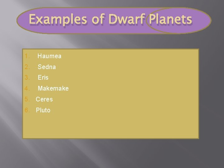 Examples of Dwarf Planets 1. Haumea 2. Sedna 3. Eris 4. Makemake 5. Ceres
