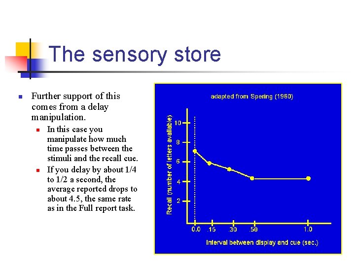 The sensory store n Further support of this comes from a delay manipulation. n