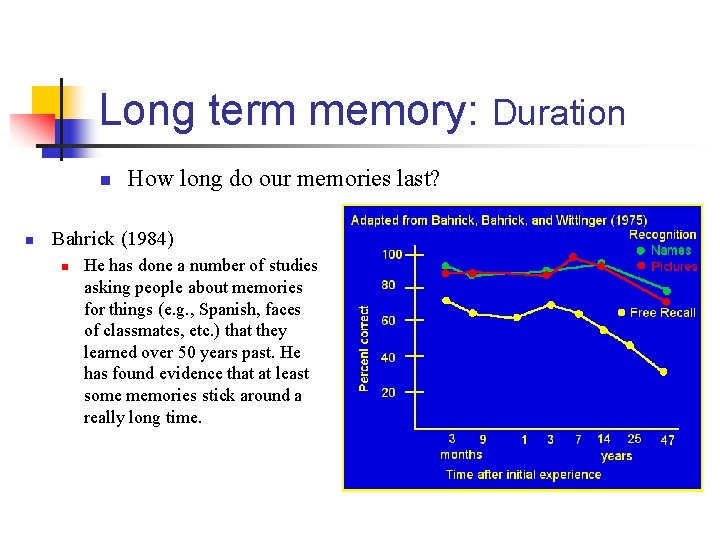 Long term memory: Duration n n How long do our memories last? Bahrick (1984)
