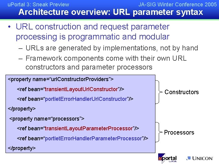 u. Portal 3: Sneak Preview JA-SIG Winter Conference 2005 Architecture overview: URL parameter syntax