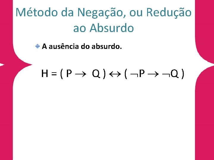 Método da Negação, ou Redução ao Absurdo A ausência do absurdo. H = (