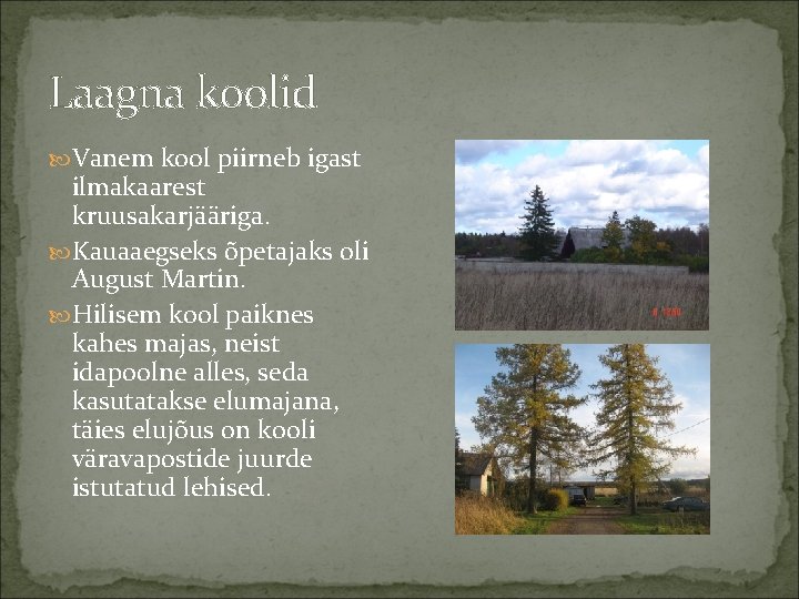 Laagna koolid Vanem kool piirneb igast ilmakaarest kruusakarjääriga. Kauaaegseks õpetajaks oli August Martin. Hilisem