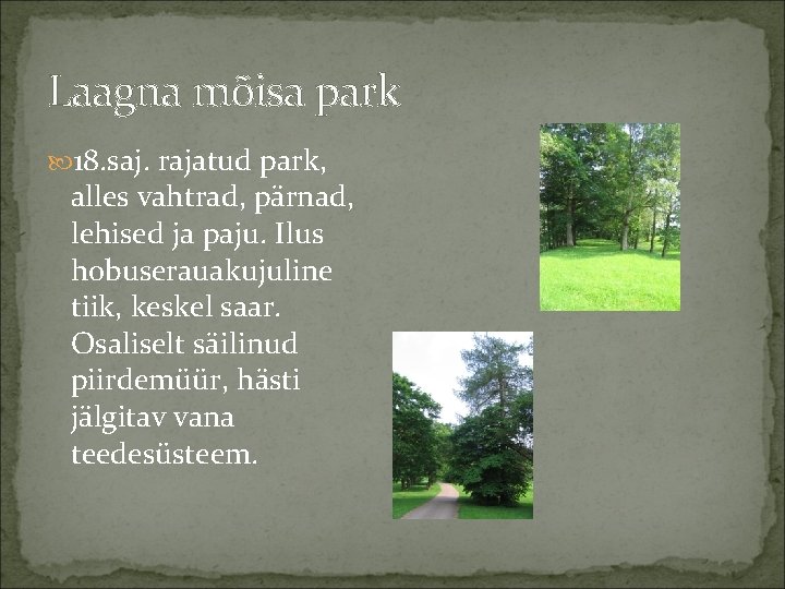 Laagna mõisa park 18. saj. rajatud park, alles vahtrad, pärnad, lehised ja paju. Ilus