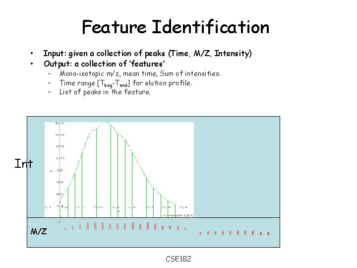 Feature Identification • • Input: given a collection of peaks (Time, M/Z, Intensity) Output: