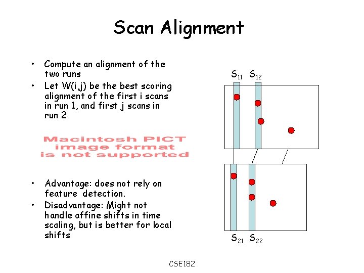 Scan Alignment • • Compute an alignment of the two runs Let W(i, j)