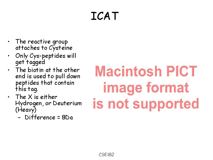 ICAT • The reactive group attaches to Cysteine • Only Cys-peptides will get tagged