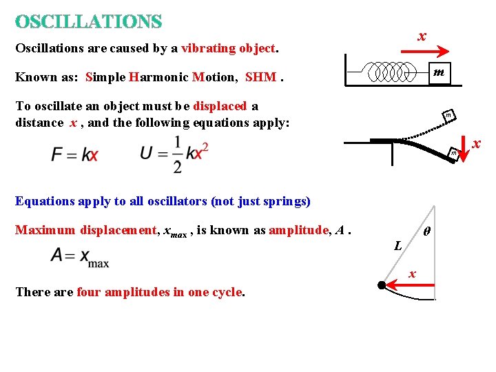 OSCILLATIONS x Oscillations are caused by a vibrating object. m Known as: Simple Harmonic