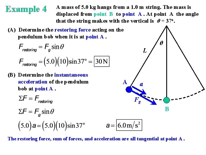 Example 4 A mass of 5. 0 kg hangs from a 1. 0 m