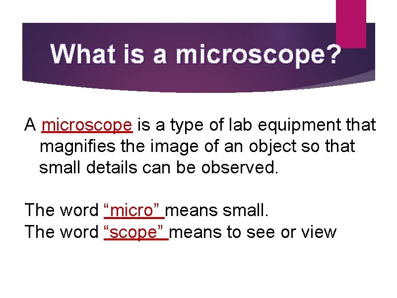 What is a microscope? A microscope is a type of lab equipment that magnifies