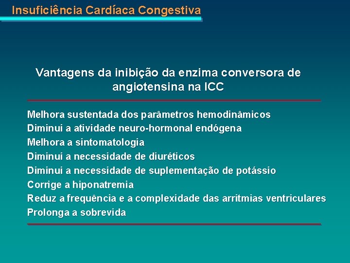 Insuficiência Cardíaca Congestiva Vantagens da inibição da enzima conversora de angiotensina na ICC Melhora