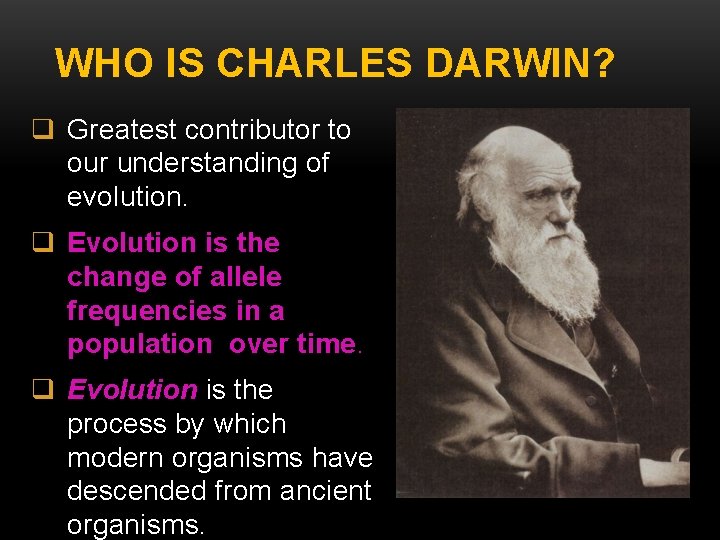 WHO IS CHARLES DARWIN? q Greatest contributor to our understanding of evolution. q Evolution