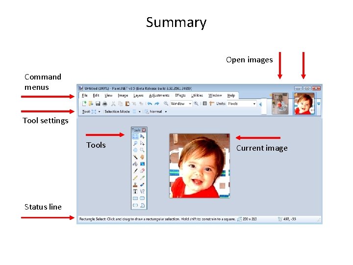 Summary Open images Command menus Tool settings Tools Status line Current image 