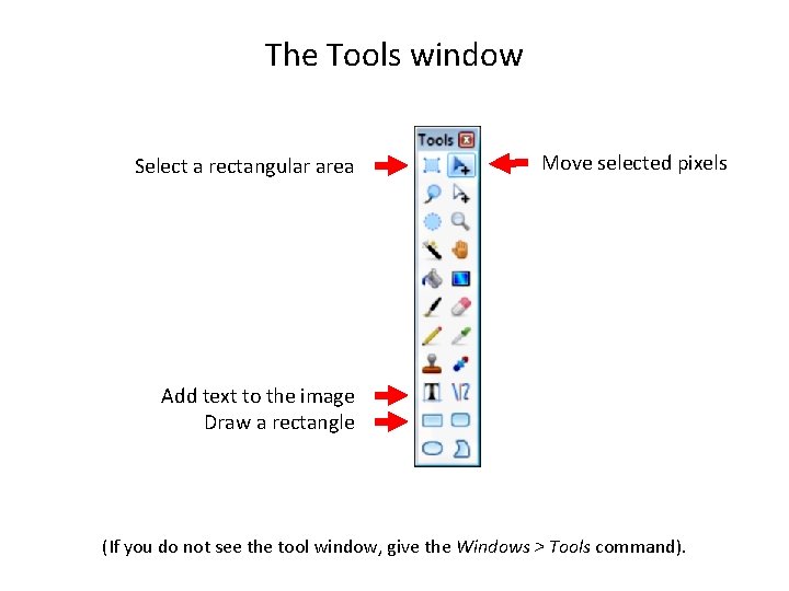 The Tools window Select a rectangular area Move selected pixels Add text to the