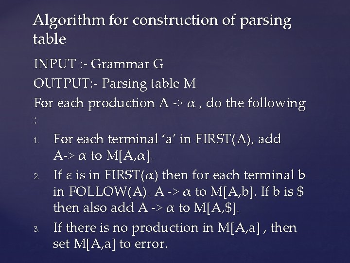 Algorithm for construction of parsing table INPUT : - Grammar G OUTPUT: - Parsing