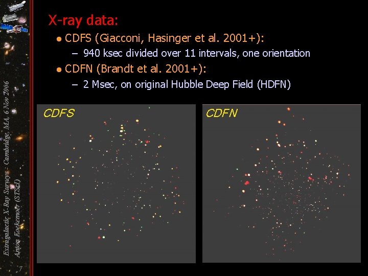 X-ray data: l CDFS (Giacconi, Hasinger et al. 2001+): – 940 ksec divided over