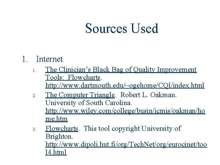 Sources Used 1. Internet 1. 2. 3. The Clinician’s Black Bag of Quality Improvement