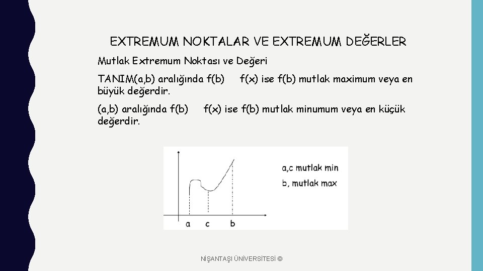 EXTREMUM NOKTALAR VE EXTREMUM DEĞERLER Mutlak Extremum Noktası ve Değeri TANIM(a, b) aralığında f(b)