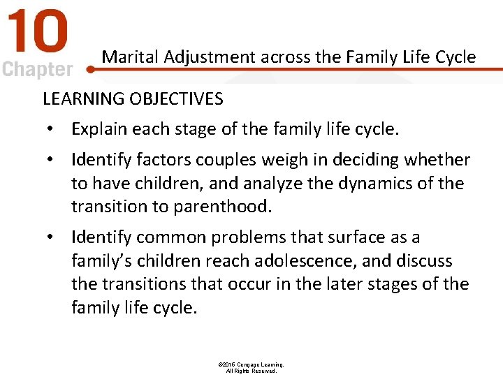 Marital Adjustment across the Family Life Cycle LEARNING OBJECTIVES • Explain each stage of