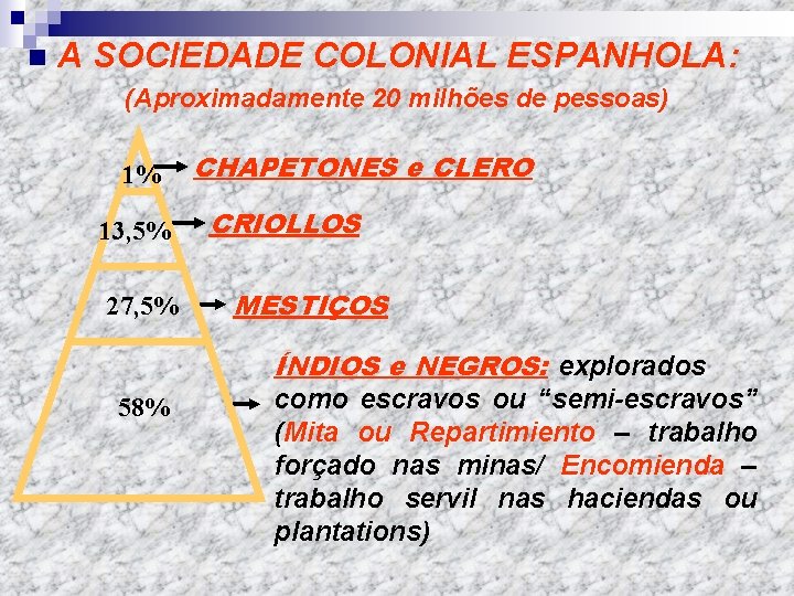 n A SOCIEDADE COLONIAL ESPANHOLA: (Aproximadamente 20 milhões de pessoas) 1% 13, 5% 27,