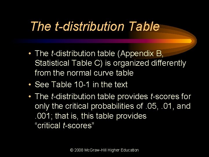 The t-distribution Table • The t-distribution table (Appendix B, Statistical Table C) is organized