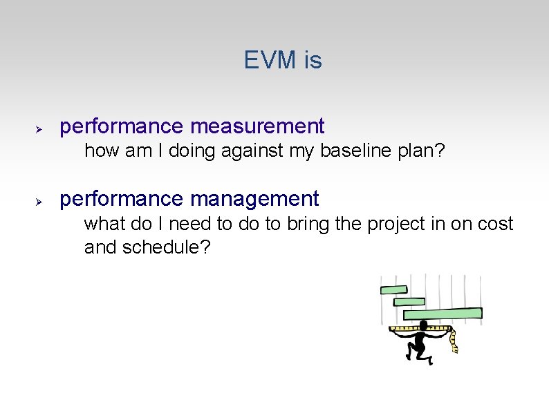 EVM is Ø performance measurement how am I doing against my baseline plan? Ø