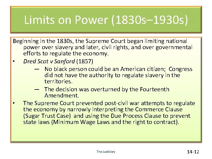 Limits on Power (1830 s– 1930 s) Beginning in the 1830 s, the Supreme