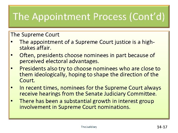 The Appointment Process (Cont’d) The Supreme Court • The appointment of a Supreme Court