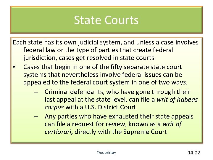 State Courts Each state has its own judicial system, and unless a case involves