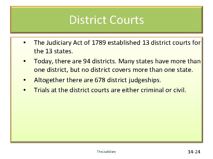 District Courts • • The Judiciary Act of 1789 established 13 district courts for