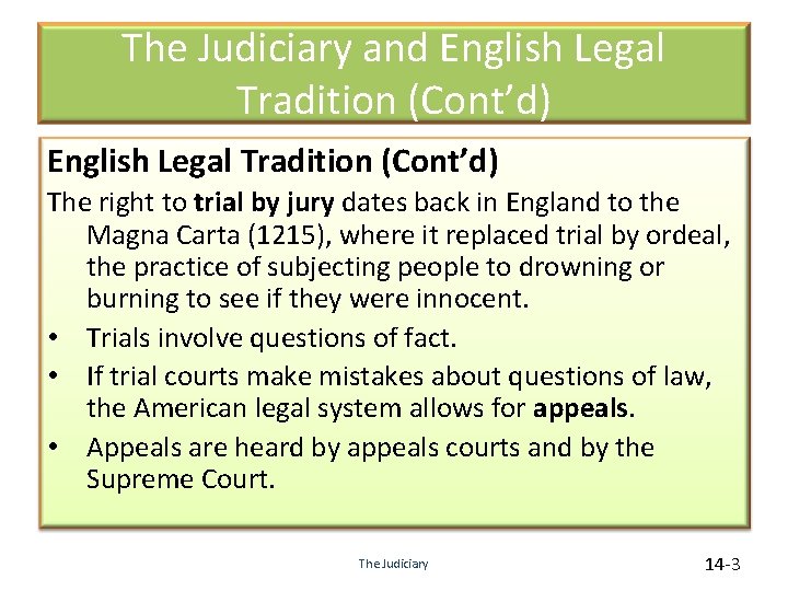 The Judiciary and English Legal Tradition (Cont’d) The right to trial by jury dates