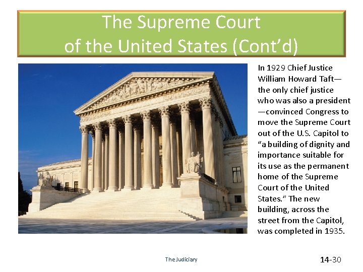 The Supreme Court of the United States (Cont’d) In 1929 Chief Justice William Howard