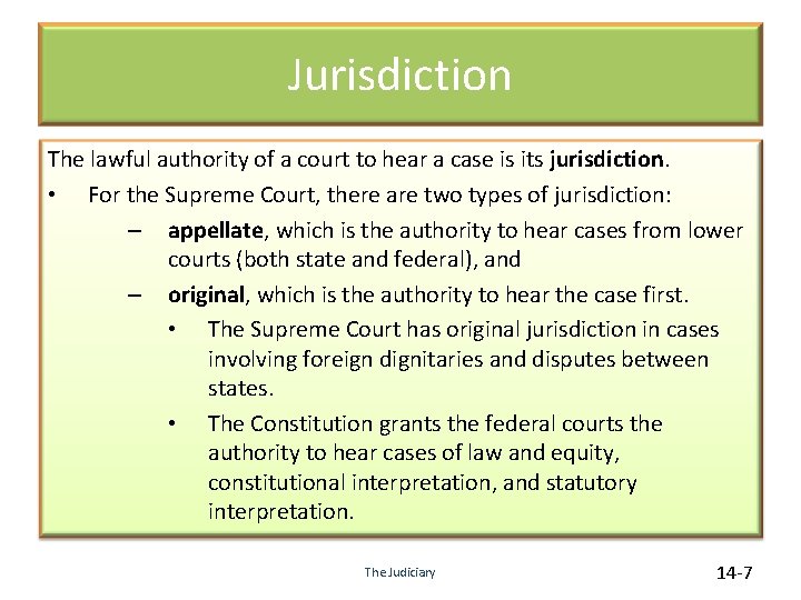 Jurisdiction The lawful authority of a court to hear a case is its jurisdiction.