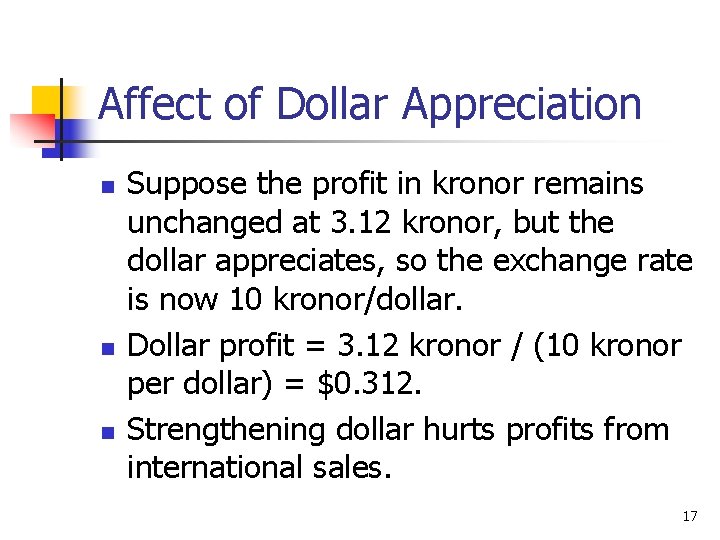Affect of Dollar Appreciation n Suppose the profit in kronor remains unchanged at 3.