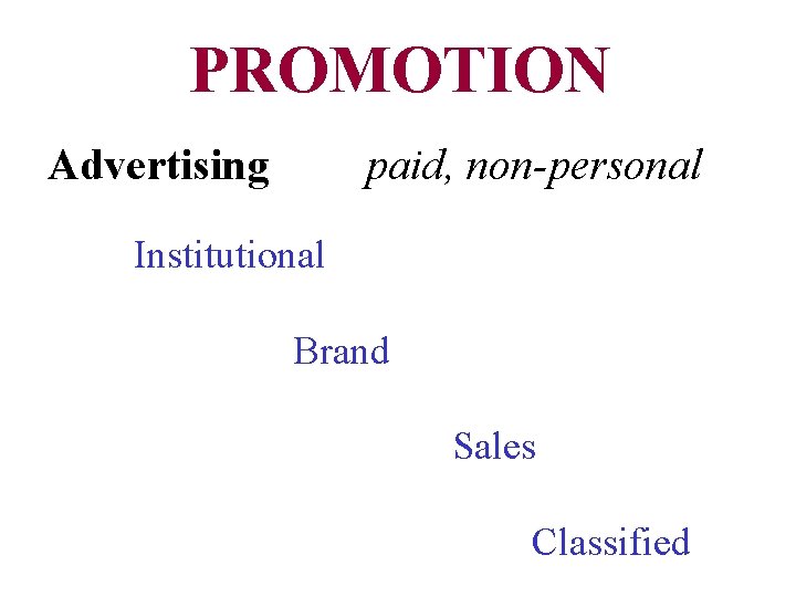 PROMOTION Advertising paid, non-personal Institutional Brand Sales Classified 