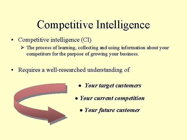 Competitive Intelligence • Competitive intelligence (CI) Ø The process of learning, collecting and using