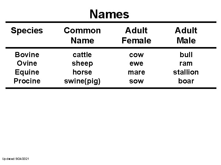 Names Species Common Name Adult Female Adult Male Bovine Ovine Equine Procine cattle sheep