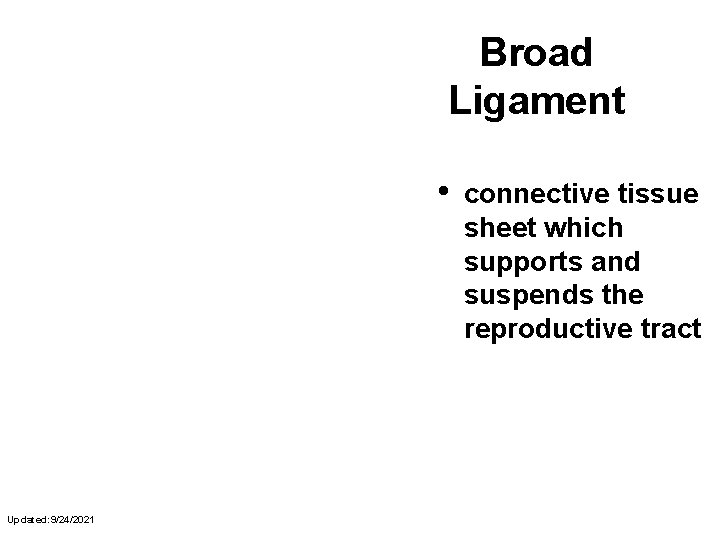 Broad Ligament • Updated: 9/24/2021 connective tissue sheet which supports and suspends the reproductive