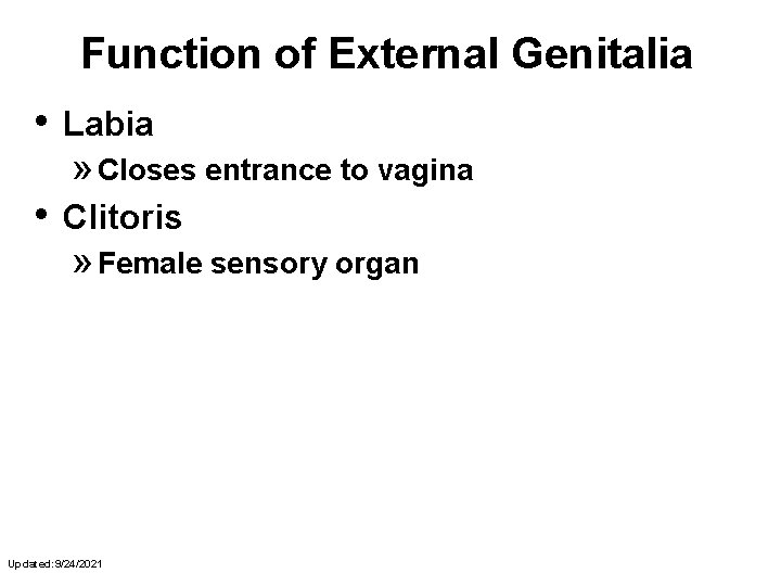 Function of External Genitalia • Labia » Closes entrance to vagina • Clitoris »