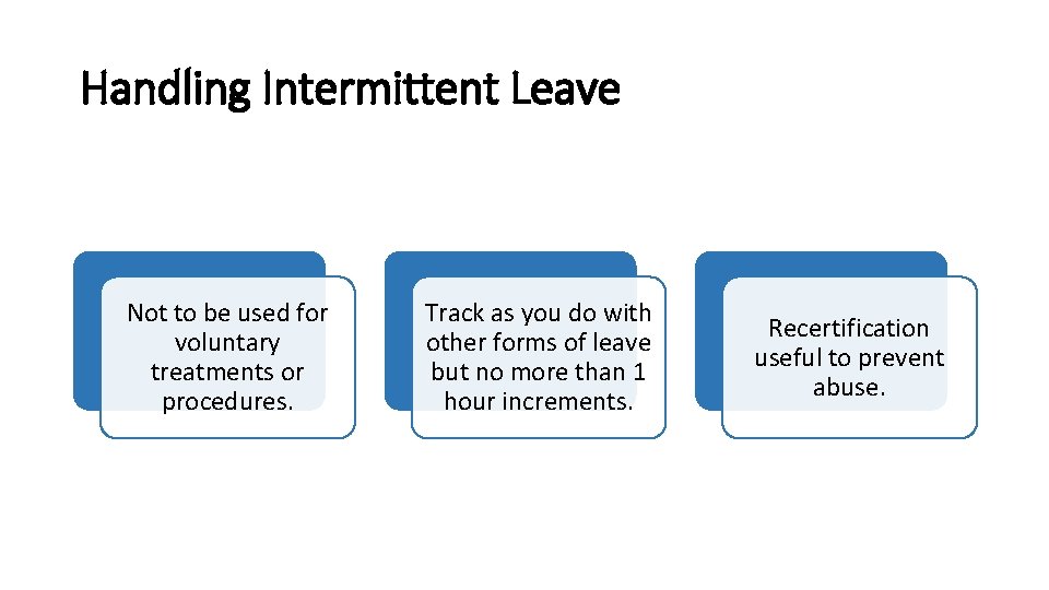 Handling Intermittent Leave Not to be used for voluntary treatments or procedures. Track as