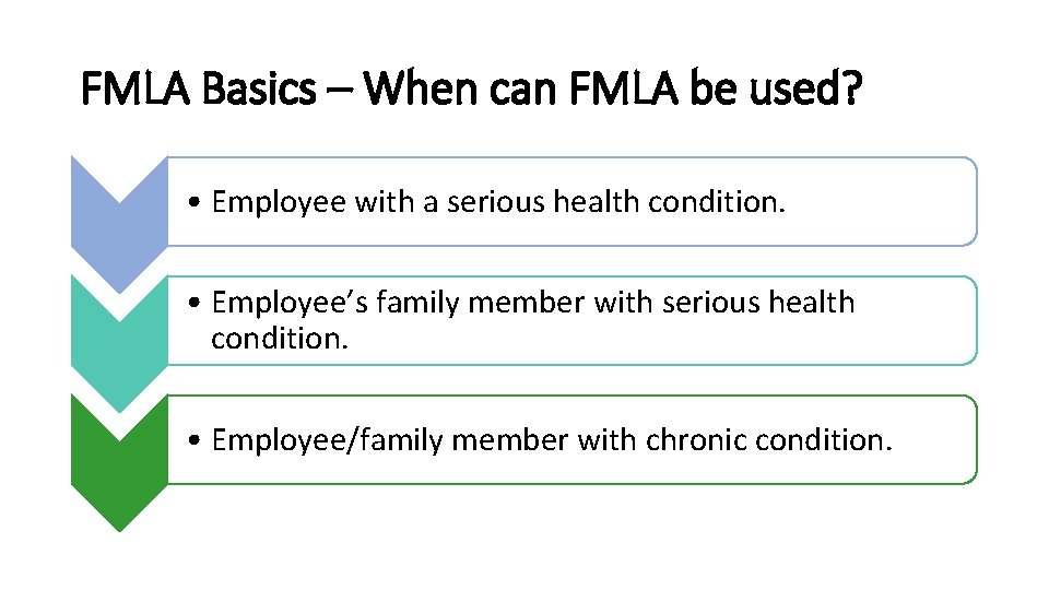 FMLA Basics – When can FMLA be used? • Employee with a serious health
