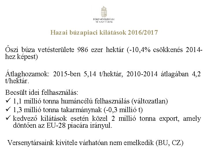 Hazai búzapiaci kilátások 2016/2017 Őszi búza vetésterülete 986 ezer hektár (-10, 4% csökkenés 2014