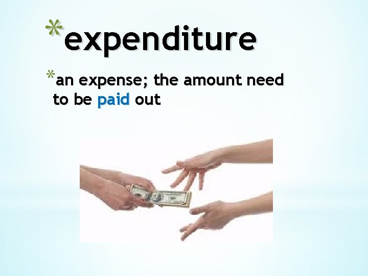 *expenditure *an expense; the amount need to be paid out 