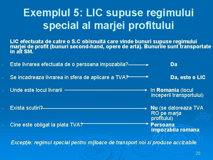 Exemplul 5: LIC supuse regimului special al marjei profitului LIC efectuata de catre o