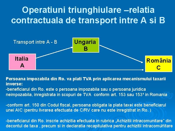 Operatiuni triunghiulare –relatia contractuala de transport intre A si B Transport intre A -