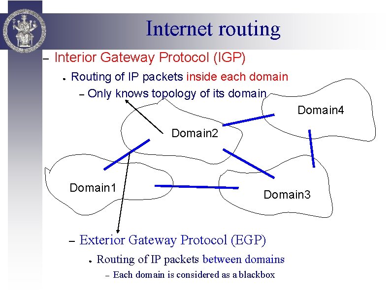 Internet routing – Interior Gateway Protocol (IGP) ● Routing of IP packets inside each