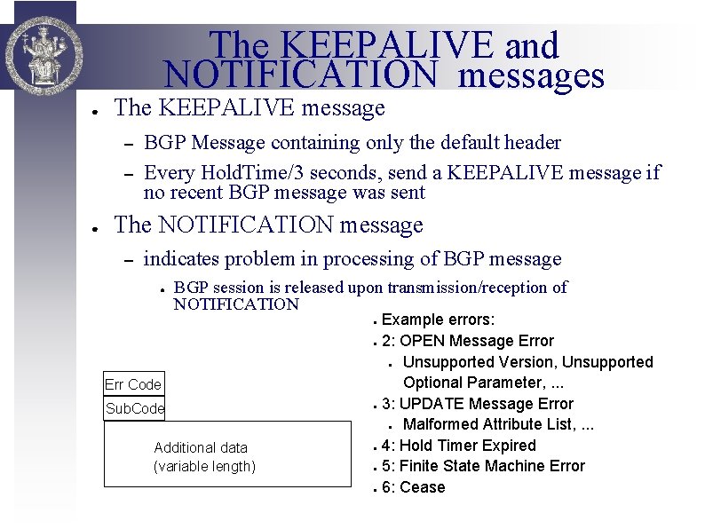 The KEEPALIVE and NOTIFICATION messages ● The KEEPALIVE message – – ● BGP Message