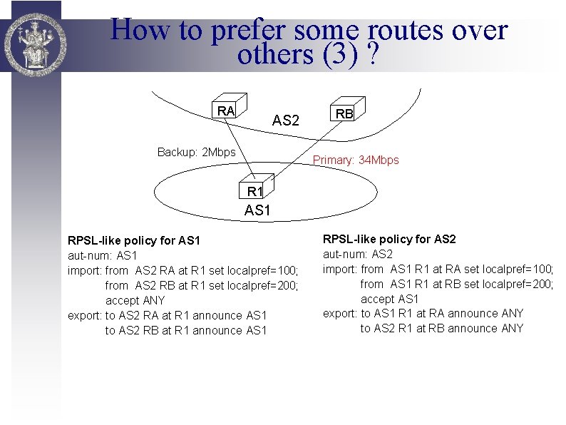 How to prefer some routes over others (3) ? RA AS 2 Backup: 2